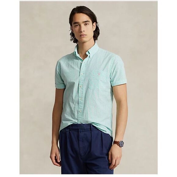 Ralph Lauren Seersucker Classic Fit Preppy Green Pinstripe Button Down Shirt Siz - Picture 1 of 11